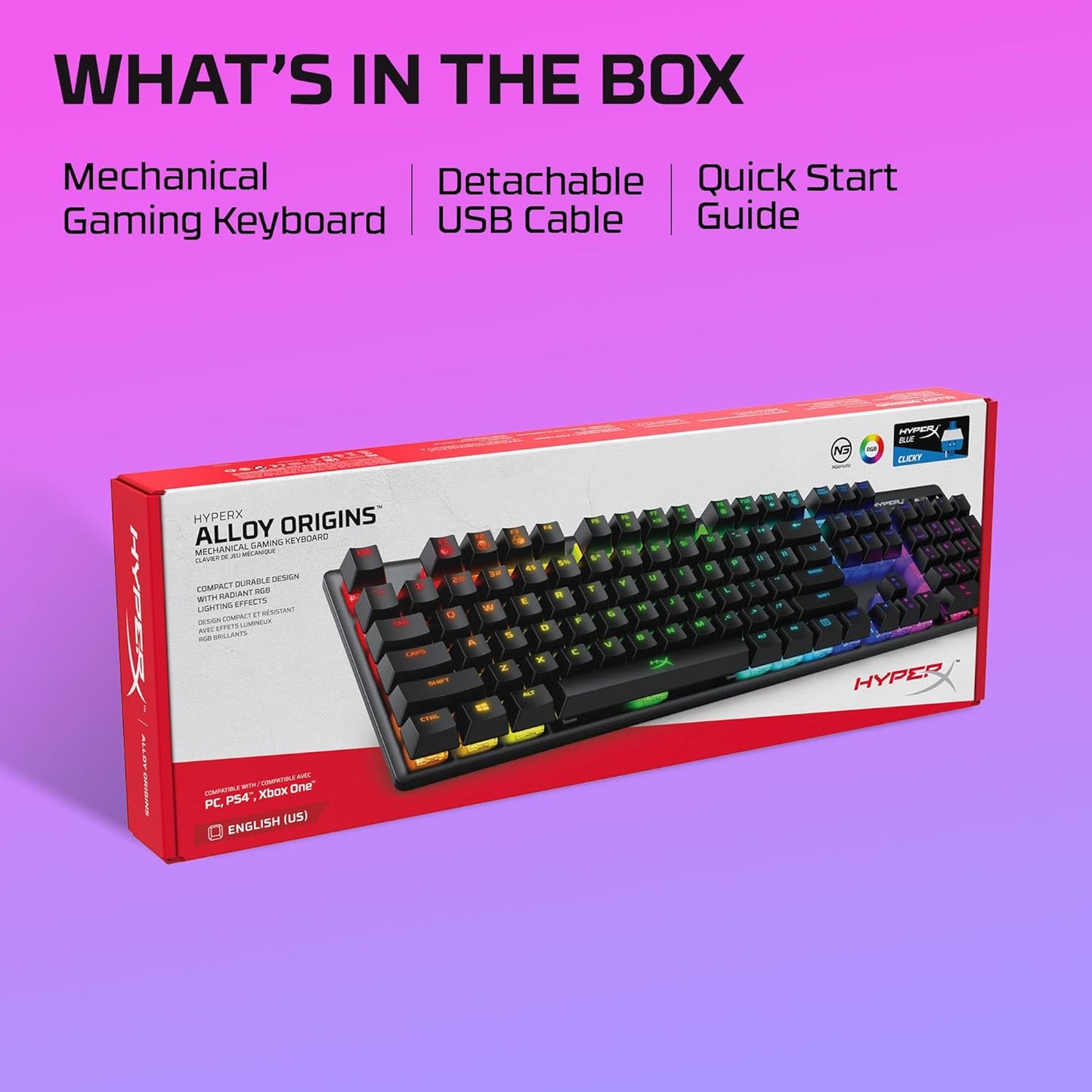 Hyperx Alloy Origins - Mechanical Gaming Keyboard, Software-Controlled Light & Macro Customization, Compact Form Factor, RGB LED Backlit - Clicky Hyperx Blue Switch,