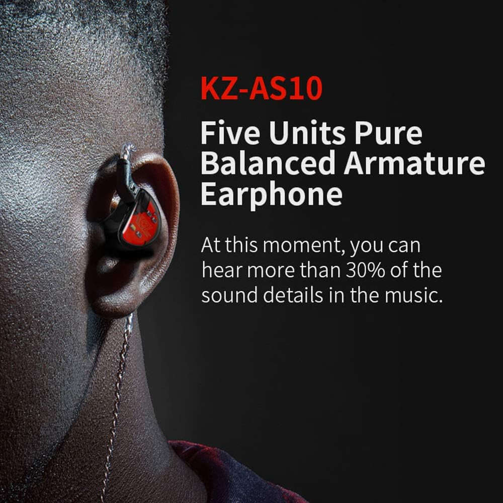 Linsoul KZ AS10 5BA Hifi Stereo In-Ear Earphone High Resolution Earbud Headphone with 0.75Mm 2 Pin Cable, Five Balanced Armature Drivers, Noise Cancelling(Without Mic, Black)