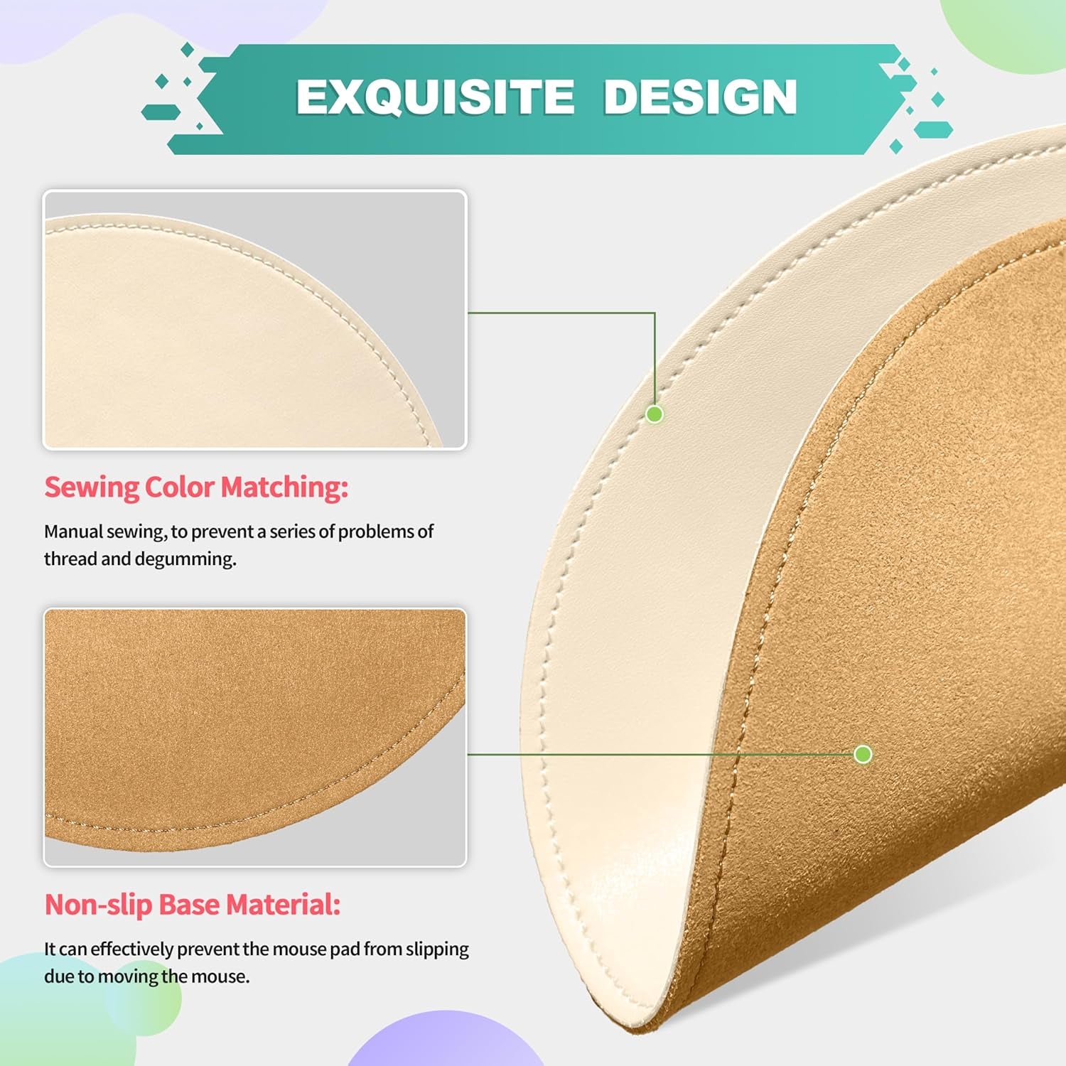 Round Leather Mouse Pad with Stitched Edge and Non-Slip Micro-Fiber Base, Waterproof, 9 x 9 Inch (Milky White) for Computers and Laptops