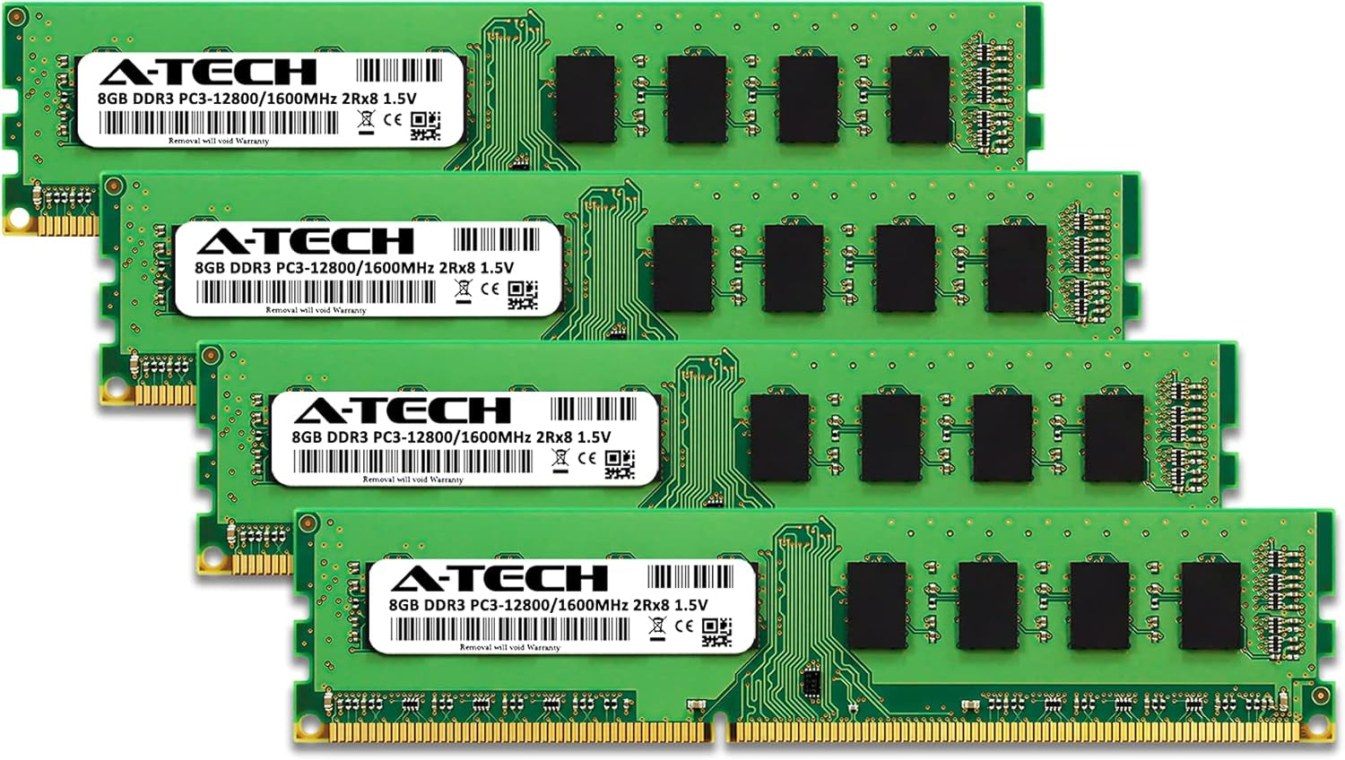 A-Tech 32GB (4X8Gb) DDR3 1600Mhz PC3-12800 CL11 DIMM 2Rx8 1.5V 240-Pin Non-Ecc UDIMM Desktop RAM Memory Modules