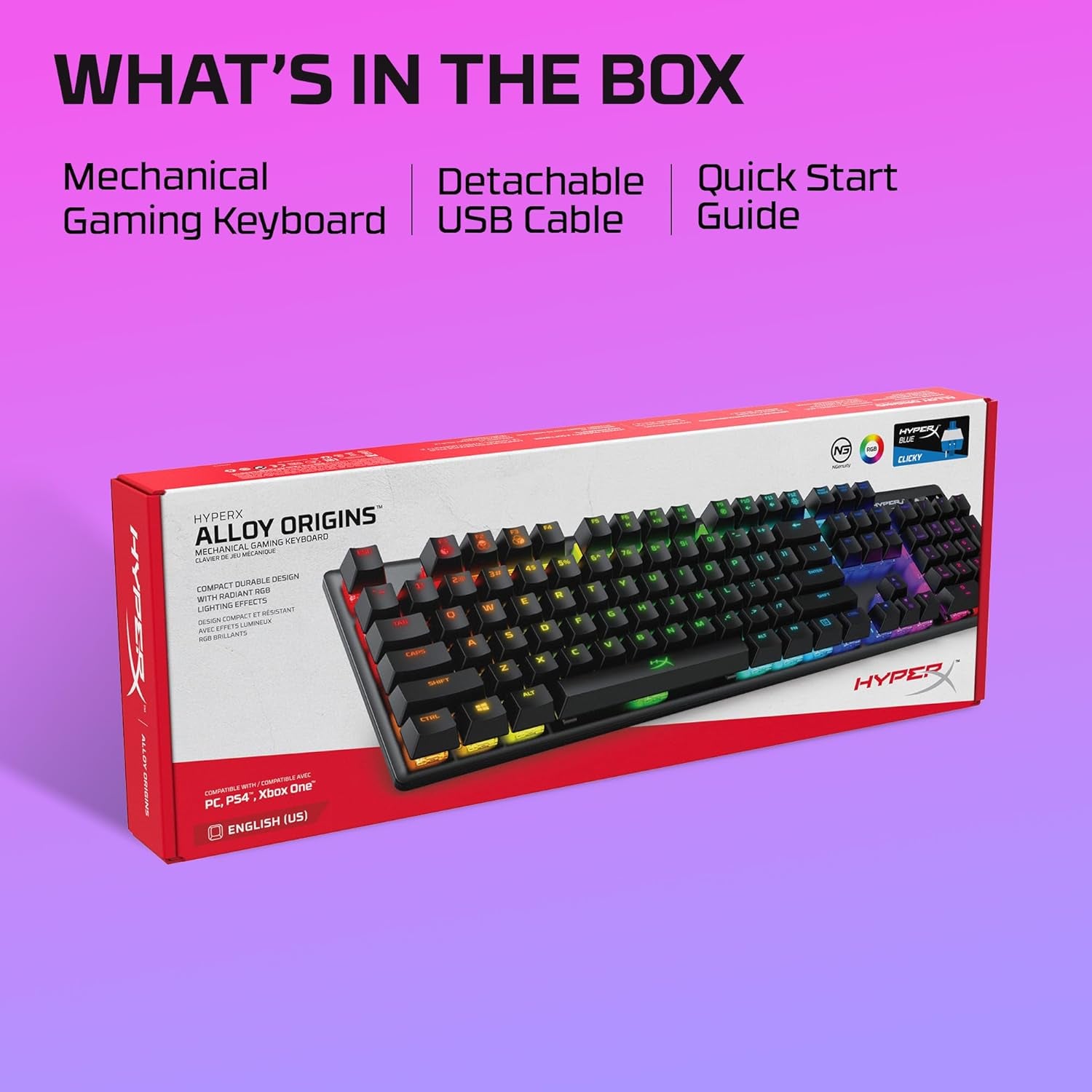 Hyperx Alloy Origins - Mechanical Gaming Keyboard, Software-Controlled Light & Macro Customization, Compact Form Factor, RGB LED Backlit - Clicky Hyperx Blue Switch,