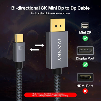 IVANKY 8K Mini Displayport to Displayport Cable 6.6Ft, Bi-Directional Mini DP to DP Cable 8K@60Hz, 4K@144Hz, 32.4Gbps HD [Thunderbolt 2 Compatible] Aluminum Shell, Gold-Plated Braided for Macbook, PC