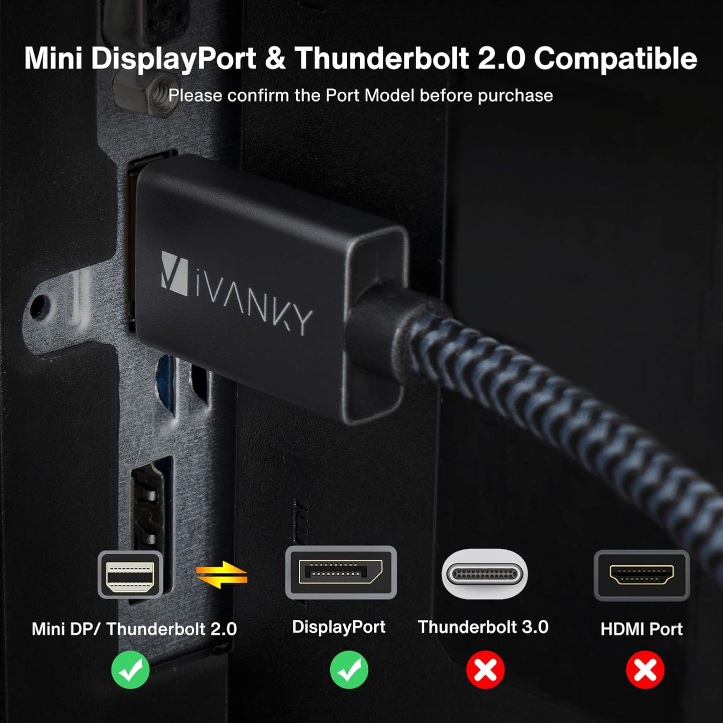 IVANKY 8K Mini Displayport to Displayport Cable 6.6Ft, Bi-Directional Mini DP to DP Cable 8K@60Hz, 4K@144Hz, 32.4Gbps HD [Thunderbolt 2 Compatible] Aluminum Shell, Gold-Plated Braided for Macbook, PC