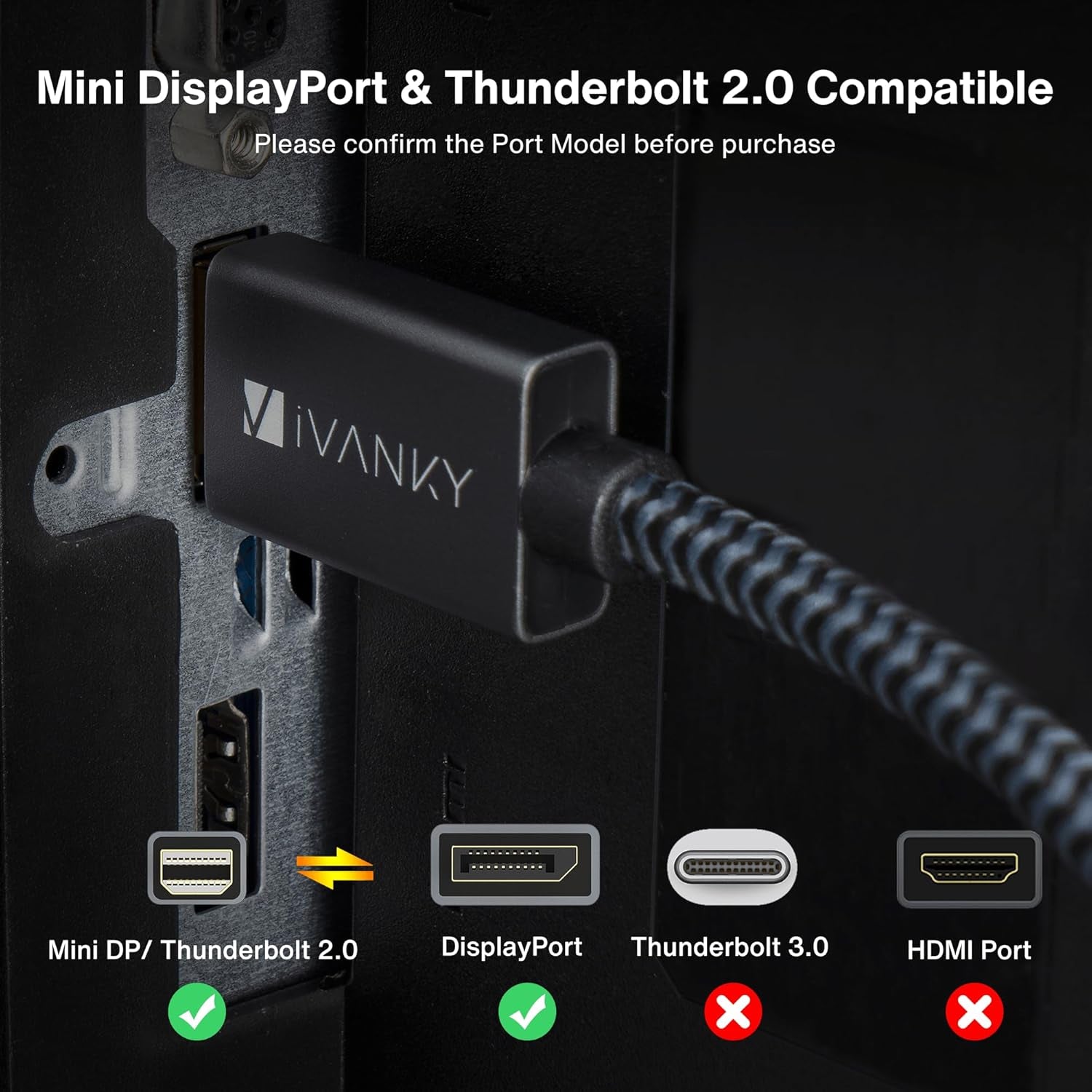 IVANKY 8K Mini Displayport to Displayport Cable 6.6Ft, Bi-Directional Mini DP to DP Cable 8K@60Hz, 4K@144Hz, 32.4Gbps HD [Thunderbolt 2 Compatible] Aluminum Shell, Gold-Plated Braided for Macbook, PC