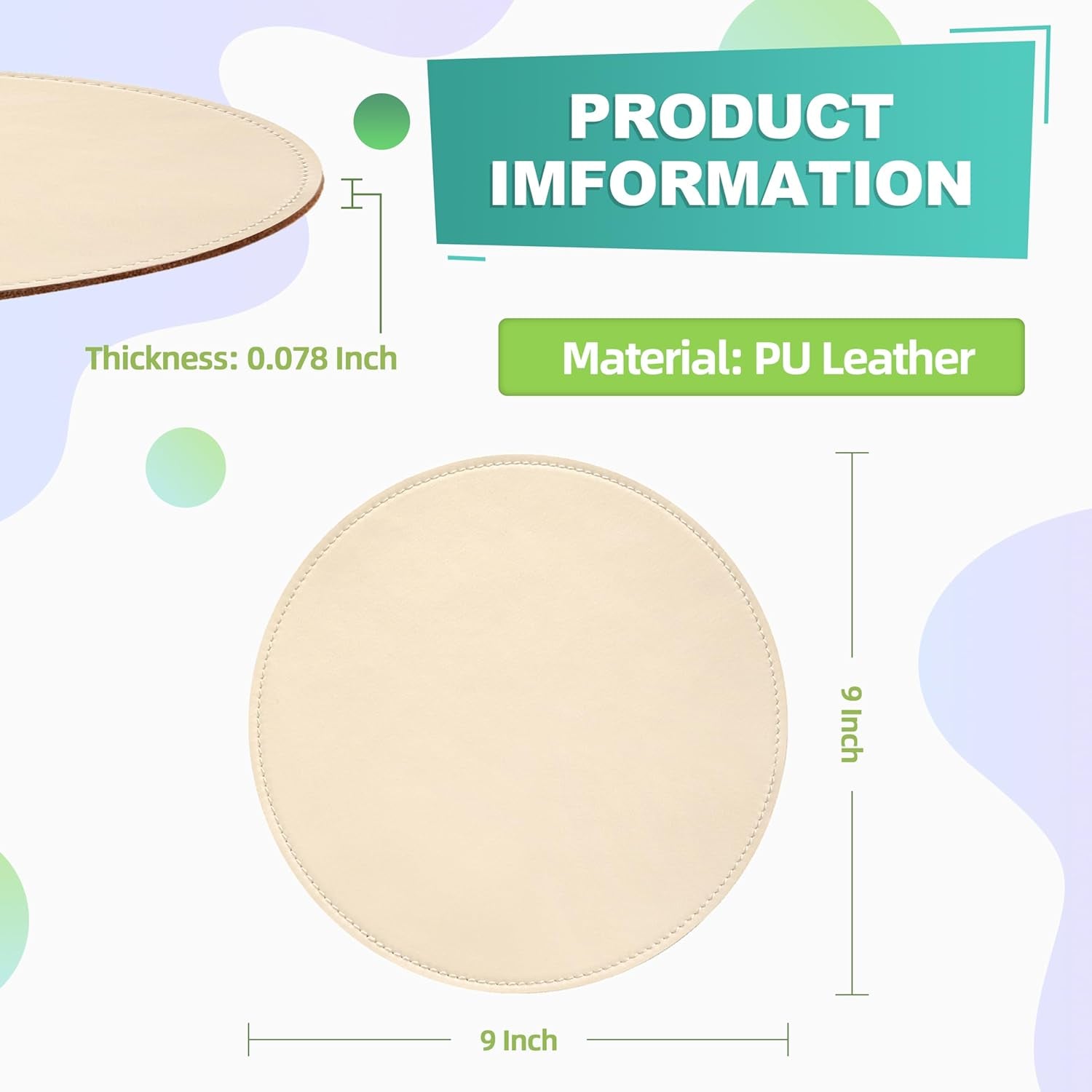 Round Leather Mouse Pad with Stitched Edge and Non-Slip Micro-Fiber Base, Waterproof, 9 x 9 Inch (Milky White) for Computers and Laptops
