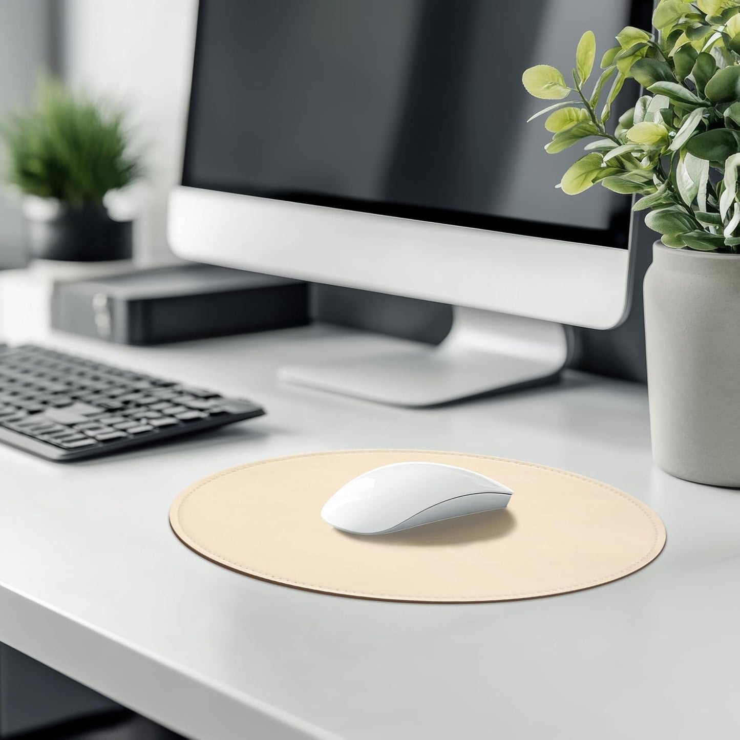 Round Leather Mouse Pad with Stitched Edge and Non-Slip Micro-Fiber Base, Waterproof, 9 x 9 Inch (Milky White) for Computers and Laptops