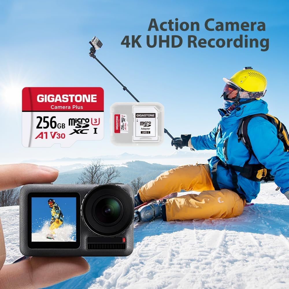 Gigastone 256GB Camera plus Series Memory Card, Read Speed up to 100Mb/S. Ideal for Full HD Video Gopro Drone Android Camera, A1 Micro SDXC Card with Mini Case and SD Adapter.