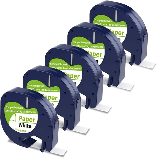 Replacement Label Tape for DYMO Letratag - 91330/10697 Self-Adhesive Paper LT Tape, Black on White, 5-Pack, Compatible with LT-100T, LT-100H, QX50 Label Makers