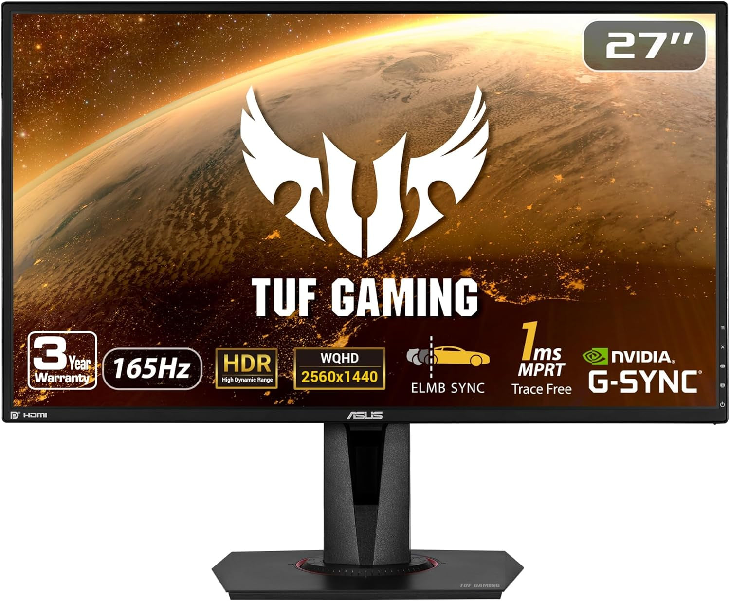 ASUS TUF Gaming 27" 2K HDR Gaming Monitor (VG27AQ) - QHD (2560 X 1440), 165Hz (Supports 144Hz), 1Ms, Extreme Low Motion Blur, Speaker, G-SYNC Compatible, VESA Mountable, Displayport, HDMI ,Black