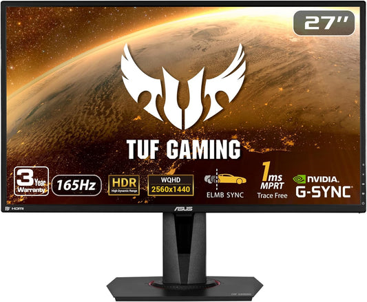ASUS TUF Gaming 27" 2K HDR Gaming Monitor (VG27AQ) - QHD (2560 X 1440), 165Hz (Supports 144Hz), 1Ms, Extreme Low Motion Blur, Speaker, G-SYNC Compatible, VESA Mountable, Displayport, HDMI ,Black