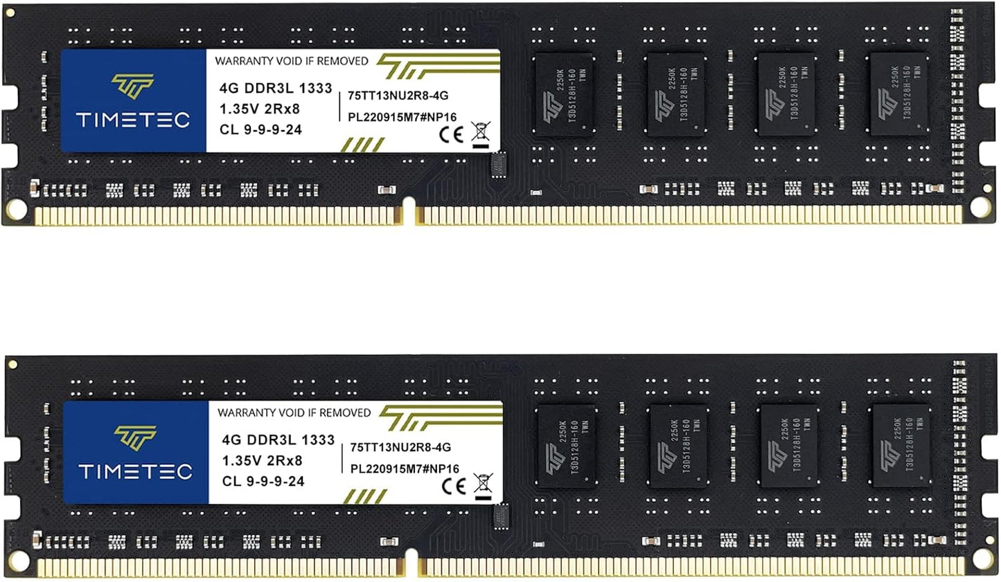Timetec 8GB Kit(2X4Gb) DDR3 / DDR3L 1333Mhz PC3-10600 Non-Ecc Unbuffered 1.5V / 1.35V CL9 2Rx8 Low Density Dual Rank 240 Pin UDIMM Desktop PC Computer Memory RAM Module Upgrade (8GB Kit(2X4Gb))