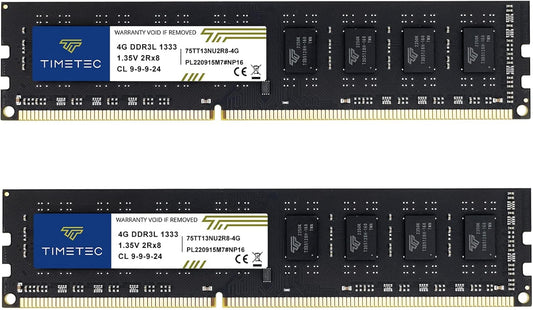 Timetec 8GB Kit(2X4Gb) DDR3 / DDR3L 1333Mhz PC3-10600 Non-Ecc Unbuffered 1.5V / 1.35V CL9 2Rx8 Low Density Dual Rank 240 Pin UDIMM Desktop PC Computer Memory RAM Module Upgrade (8GB Kit(2X4Gb))