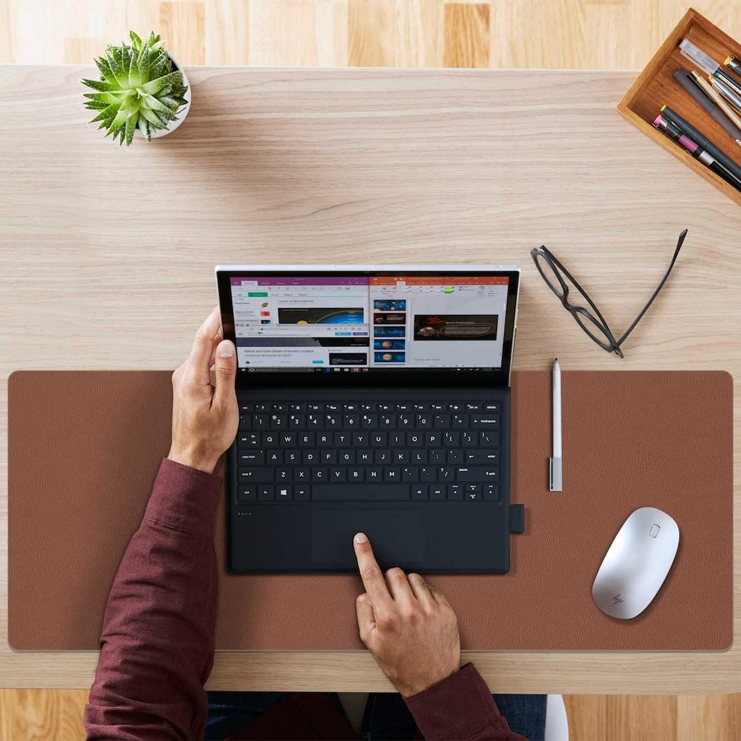 Aothia Double-Sided PU Leather Desk Pad - Non-Slip Large Mouse Pad & Desk Mat for Office, Home - Waterproof, Easy to Clean, Durable Dual-Sided Surface(Brown, 23.6" X 13.7")
