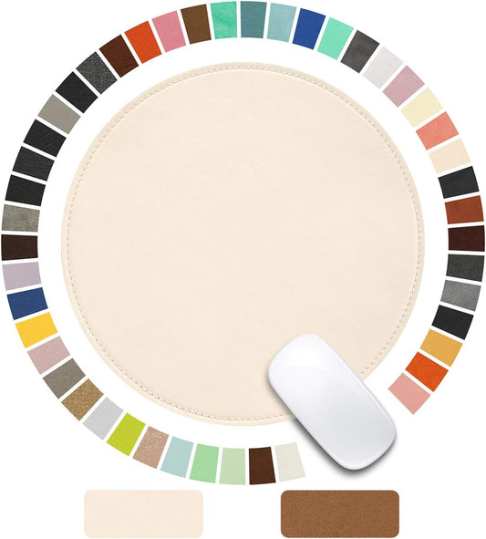 Round Leather Mouse Pad with Stitched Edge and Non-Slip Micro-Fiber Base, Waterproof, 9 x 9 Inch (Milky White) for Computers and Laptops