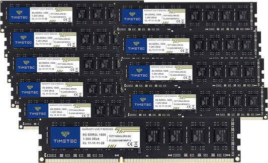 Timetec 80GB Kit(10X8Gb) DDR3L / DDR3 1600Mhz (DDR3L-1600) PC3L-12800 / PC3-12800 Non-Ecc Unbuffered 1.35V/1.5V CL11 2Rx8 Dual Rank 240 Pin UDIMM Desktop PC Computer Memory RAM(SDRAM) Module Upgrade