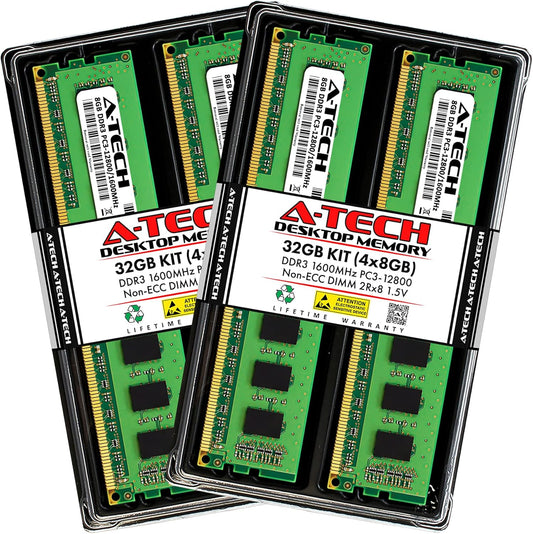 A-Tech 32GB (4X8Gb) DDR3 1600Mhz PC3-12800 CL11 DIMM 2Rx8 1.5V 240-Pin Non-Ecc UDIMM Desktop RAM Memory Modules